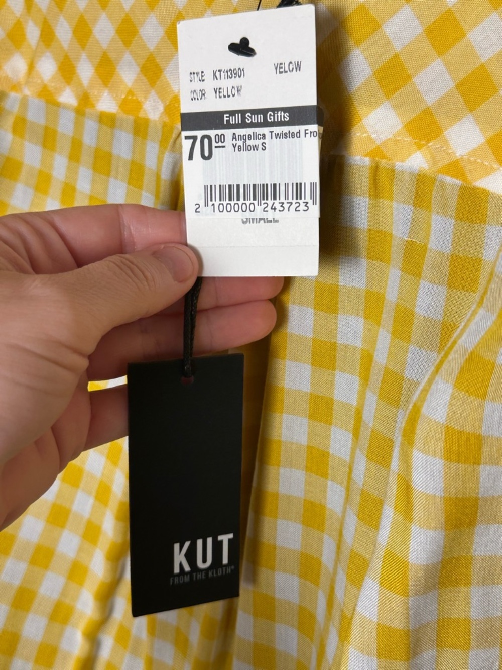 Kut From the Kloth Yellow White Gingham Picnic Plaid Short Sleeve V Neck Shirt S - Picture 14 of 14